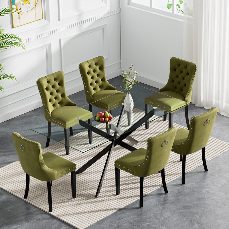 7 Piece Glass Dining Table Set for 6, Modern 60" Glass Kitchen Table with Metal Leg, Tufted Velvet Upholstered Dining Chair, Rectangle Dining Table and Chairs Set for Kitchen