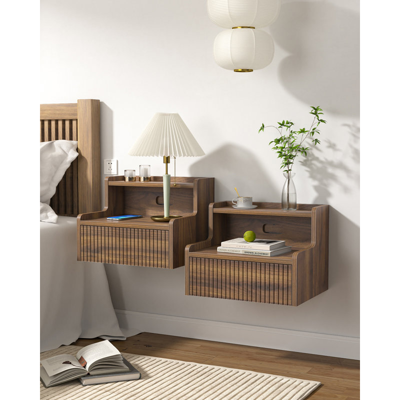 Floating Nightstand With Decorative Embossed Pattern, Brown