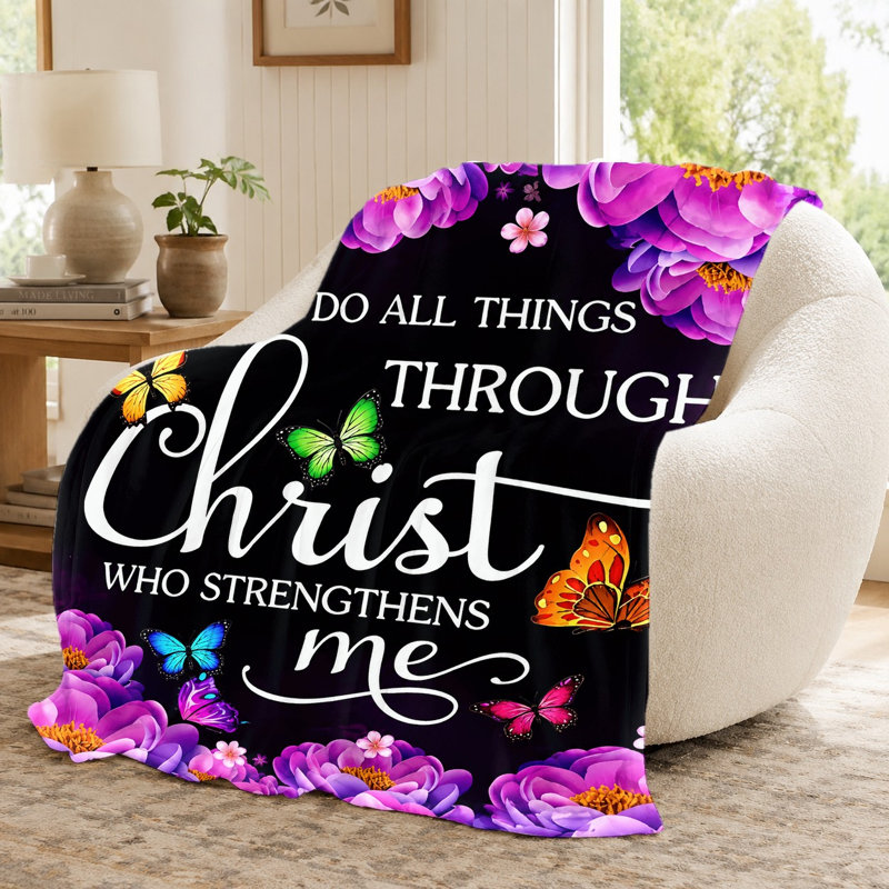 1pc Christian Faith Quote Blanket, Inspirational Bible Verse Throw Blanket, Religious Butterfly Floral Pattern Flannel Blanket, Super Soft Cozy Warm Blanket for Sofa Bed Couch Living Room Dorm Office Travel, Home Decor All‑Season Blanket,