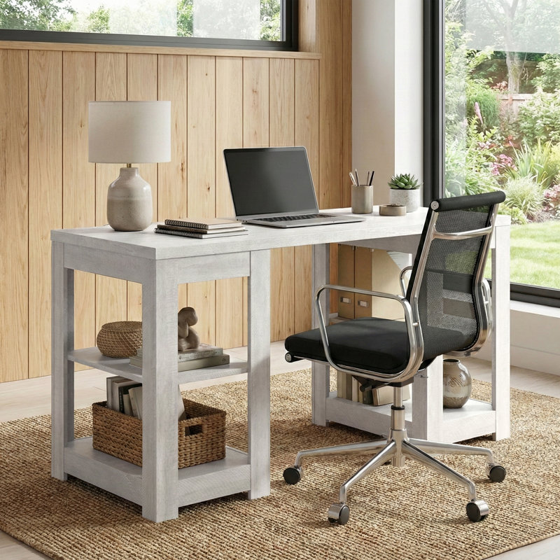 Allysyn Hollister Modern 59.1" Study Table With Open Storage And Shelves, Gray