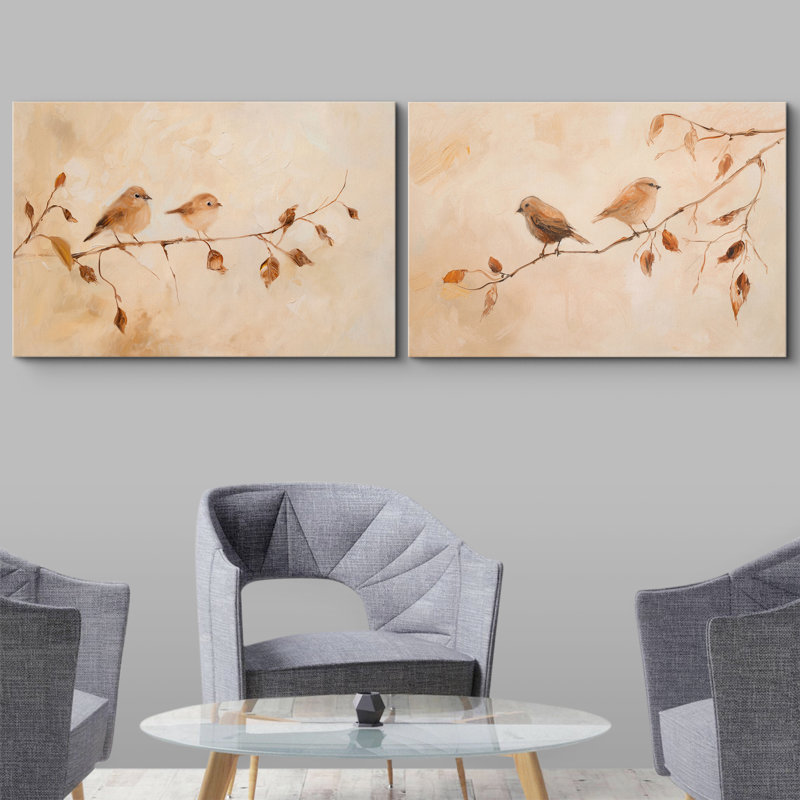 «Warm Brown Birds on Branch Autumn Nature», reproduction d'art sur toile encadrée 2 pièces, H 36 po x l 48 po x P 1,5 po