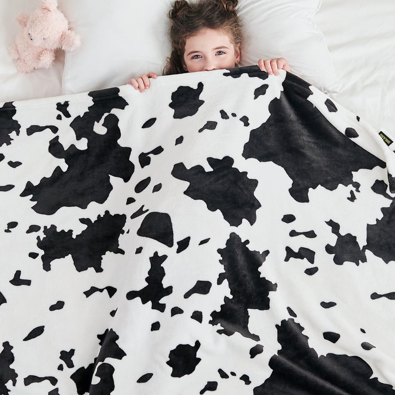Cow Print Knitted Throw Blanket, White Cow New, 50" W x 60" L