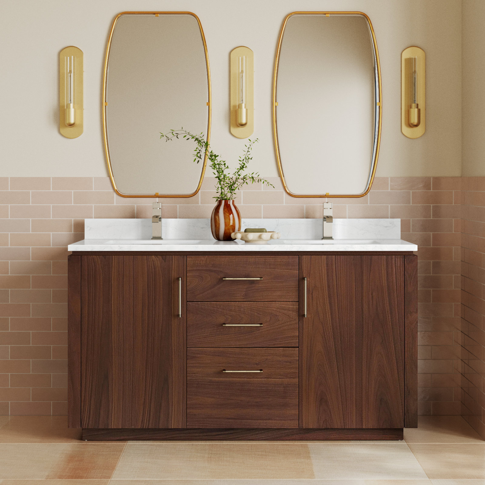 Cloverfield 60'' Double Bathroom Vanity, Natural Walnut, Gold