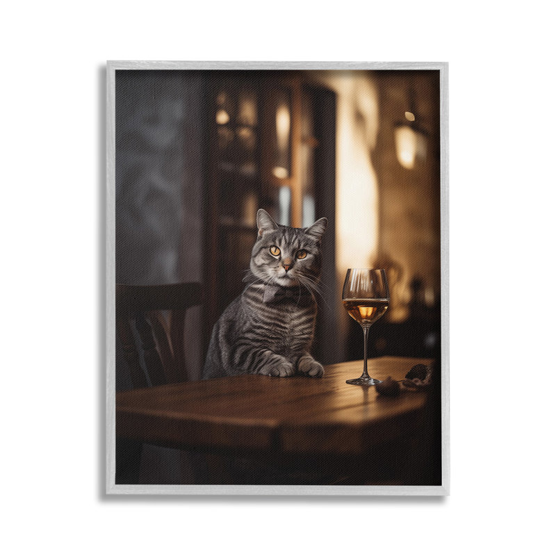 «Classy Cat with Wine», estampe numérique encadrée par Ziwei Li, H 30 po x l 24 po, Giclée encadrée noir minuit