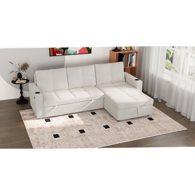 Canapé-lit convertible en tissu, canapé-lit modulaire escamotable avec charge USB et porte-gobelets, canapé-lit en forme de L avec rangement pour le salon (beige)