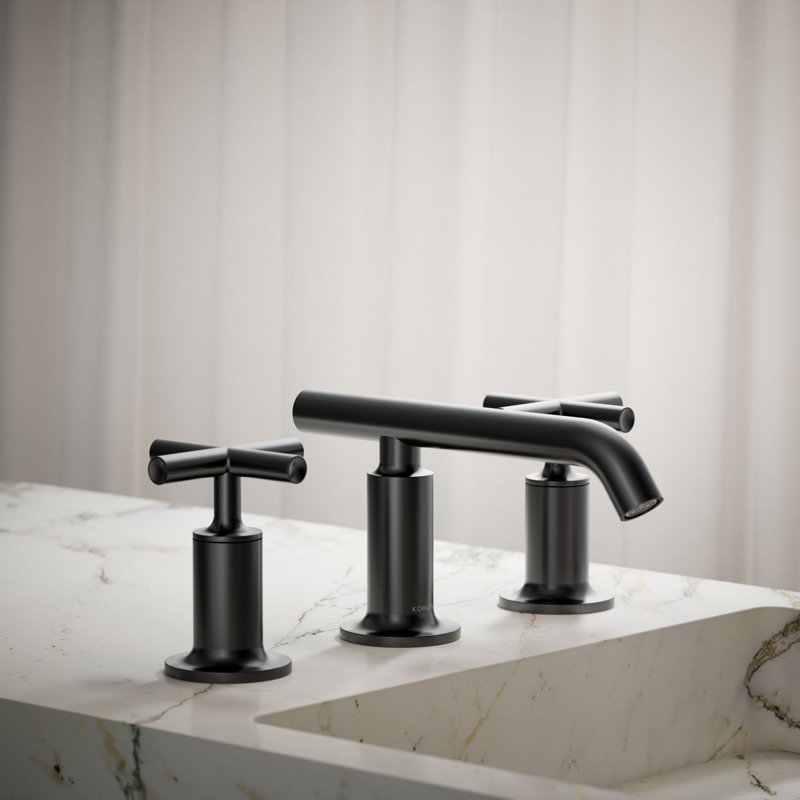 Robinet de salle de bain espacé avec poignées en croix et douchette à col bas Purist, Noir mat