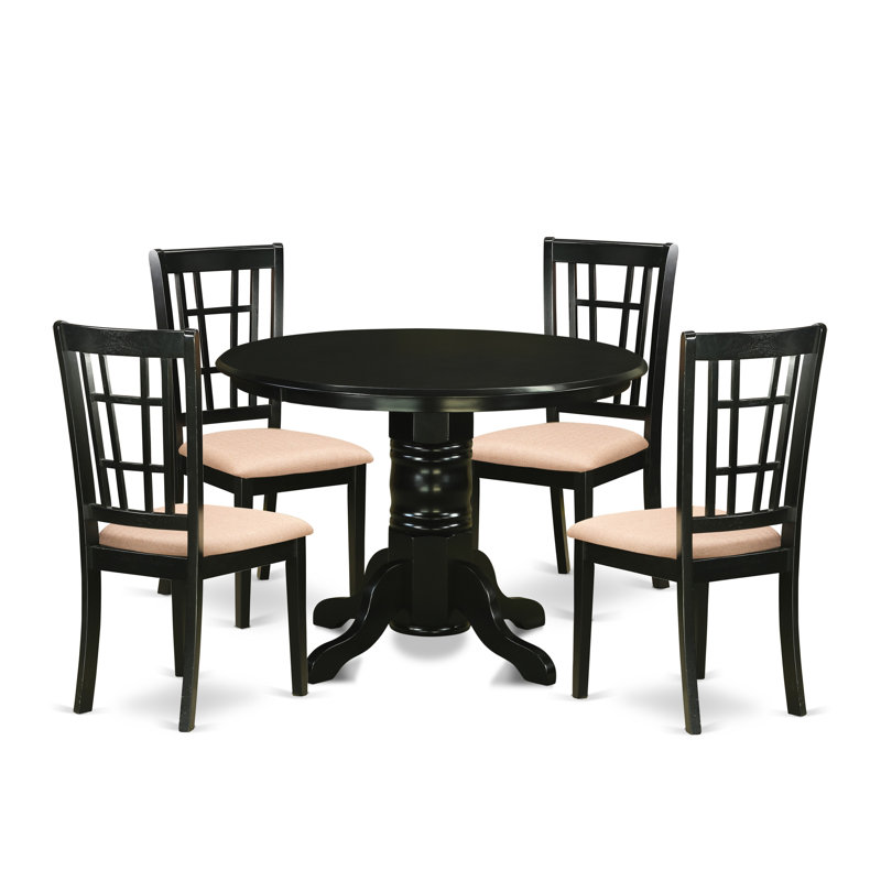 5 Piece Modern Dining Table Set Includes a Round Kitchen Table with Pedestal and 4 Linen Fabric Kitchen Dining Chairs, Black
