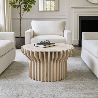 Modern Round Travertine Coffee Table With Sculptural Round Base - Stylish Living Room Table For Small Spaces Or Covered Patio Accent - 31", White