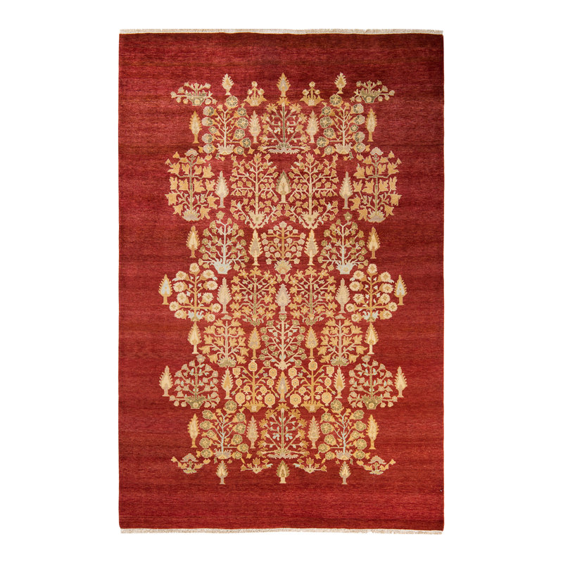 Tapis rouge / jaune noué à la main de conception unique 6 pi 1 po x 9 pi 1 po Sharone