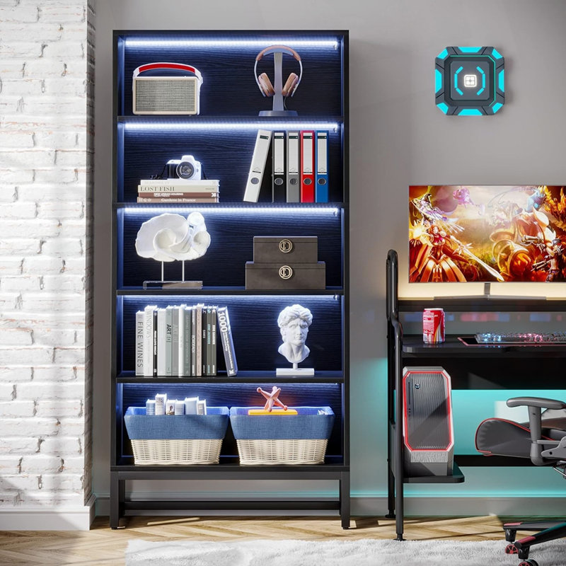 5-Tier LED Library Bookshelf with Heavy Duty Storage, Black