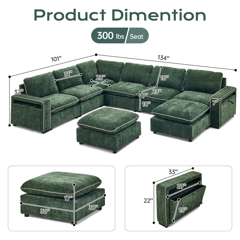 8-Piece U-Shaped Green Chenille Modular Sectional With Storage Arm, Green Chenille