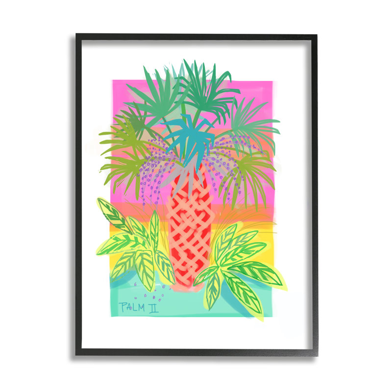 «Neon Palm Tree Botanicals Tropical Coastal Leaves - Floater Frame», impression sur toile, Giclée encadrée noir minuit