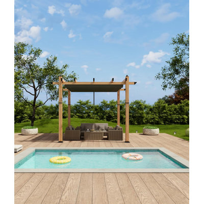 10x10 Retractable Pergola Aluminum Outdoor Pergola with Faux Wood Finish Retractable Canopy for Patio or Deck or Garden or Beach or Pavilion Wood and Grey