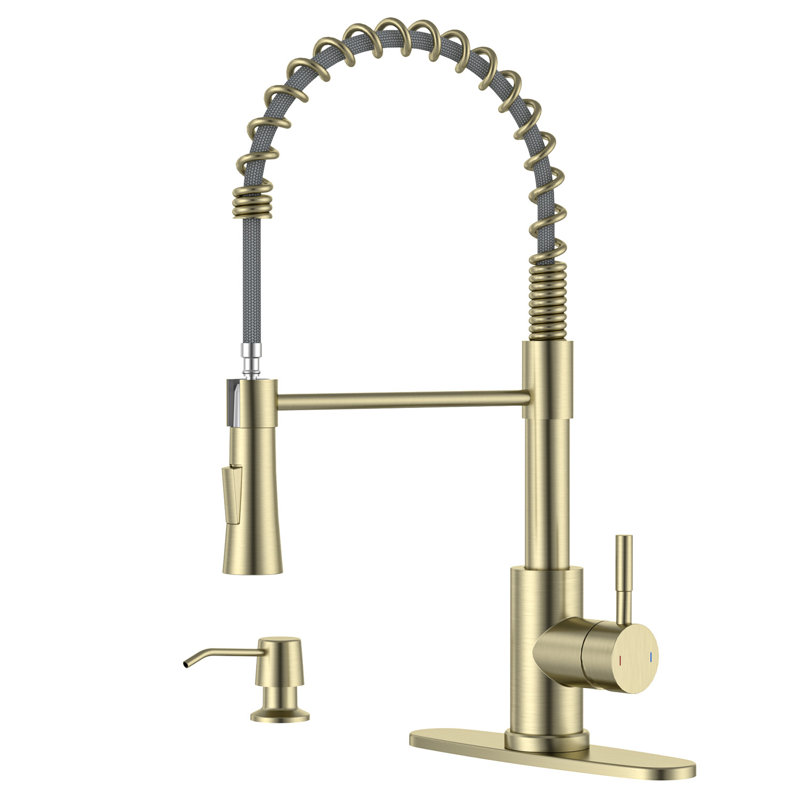 Stainless Steel Single Handle Pull Down Kitchen Faucet With Soap Dispensor, Brushed Gold