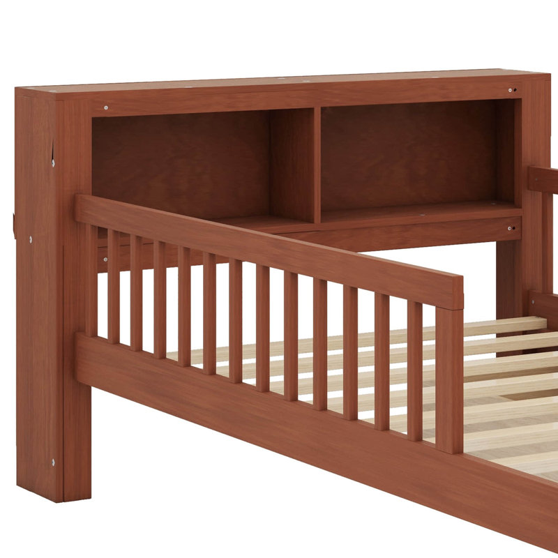 Lit simple avec rangement intégré pour la tête de lit et deux tiroirs sous le lit, Noyer
