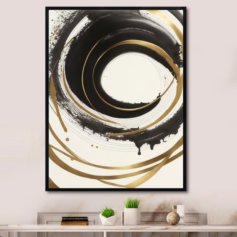 «Black and Gold Curves III» - art mural moderne sur toile, H 32 po x l 24 po x P 1 po, Cadre flottant noir