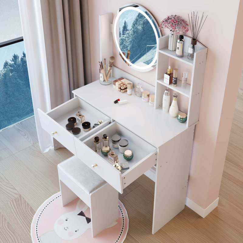 Ensemble de coiffeuse à miroir rond de 17 po + ensemble de tabourets à coussin souple, grand miroir, interrupteur tactile, 3 couleurs, luminosité réglable, grand bureau, rangement multicouche de grande capacité, convient aux petits espaces