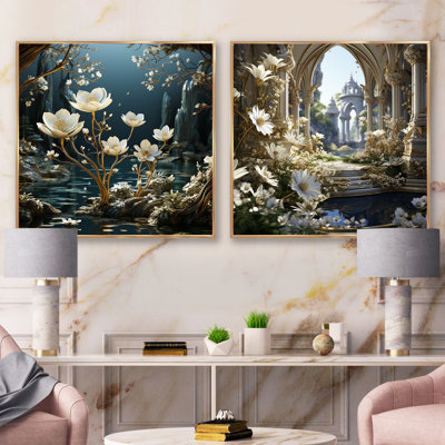 Gilded Snowdrops River - ensemble de 2 collages floraux carrés