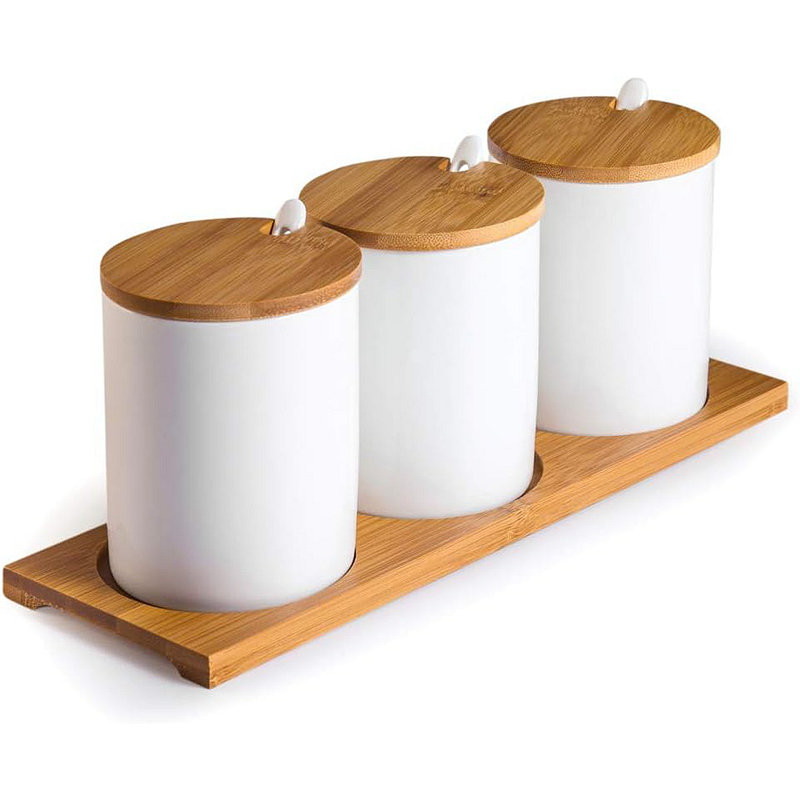 Ceramic Sugar Bowls With Bamboo Lids And Spoons- -Functional Round Condiment Jar For Home- Spice Storage Canister,10.8 Oz 320 ML,3 Pcs Set