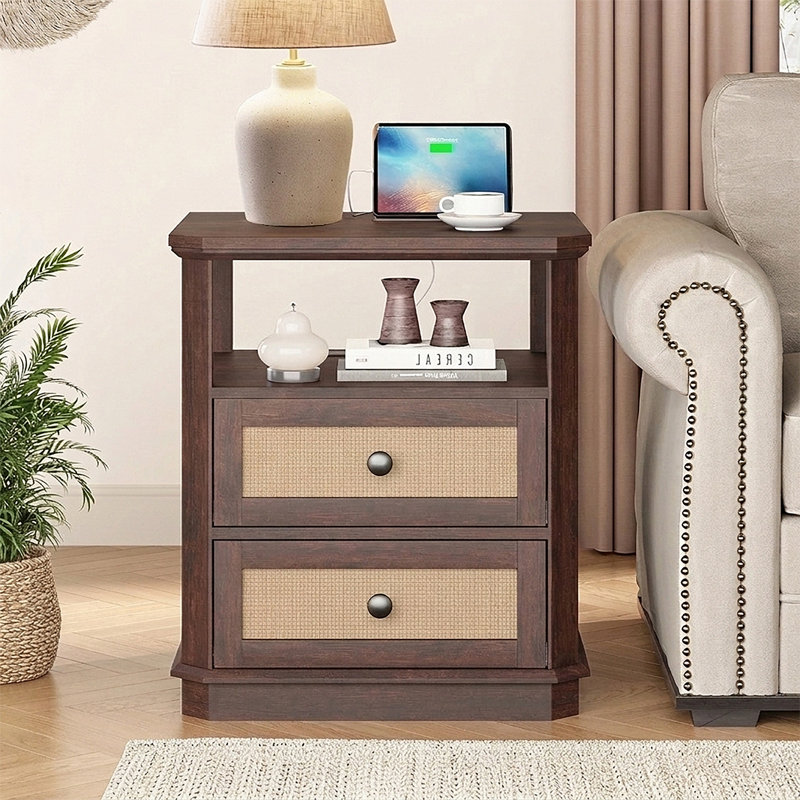 Rattan Nightstands with Storage and Built-in Fast Outlets for Bedroom,2 Drawer Night Stands for Living Room, Cherry