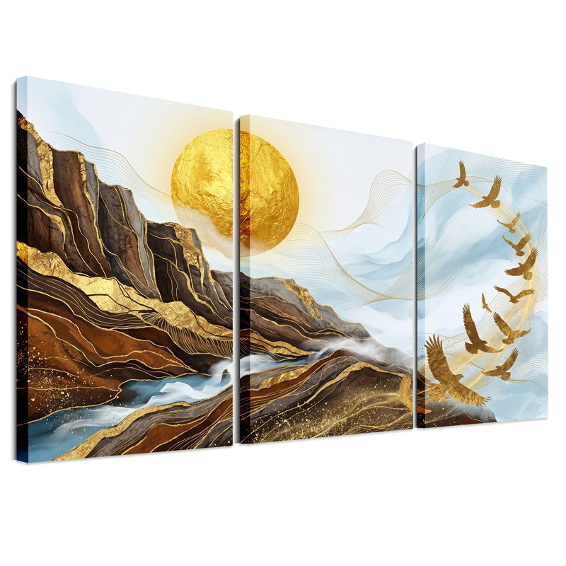 «Golden Mountains and Flying Birds in Abstract», ensemble de 3 toiles murales, H 36 po x l 24 po x 3 pièces
