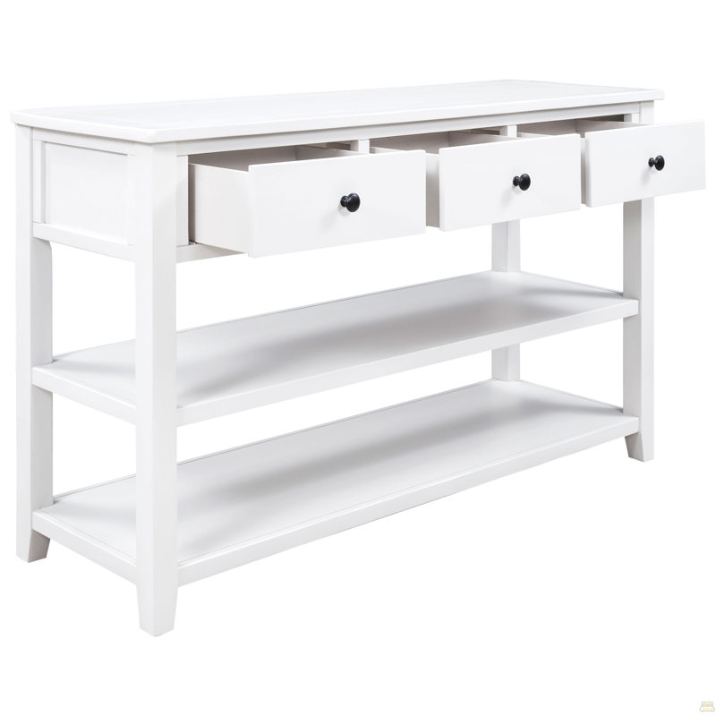 Console rétro avec deux tablettes ouvertes, structure en bois de pin massif et pieds pour le salon (blanc antique)