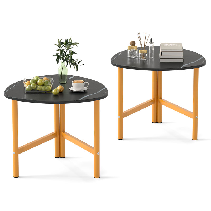 2 pièces Table basse triangulaire avec pieds en métal, Plateau brun rustique / structure noire, Bois