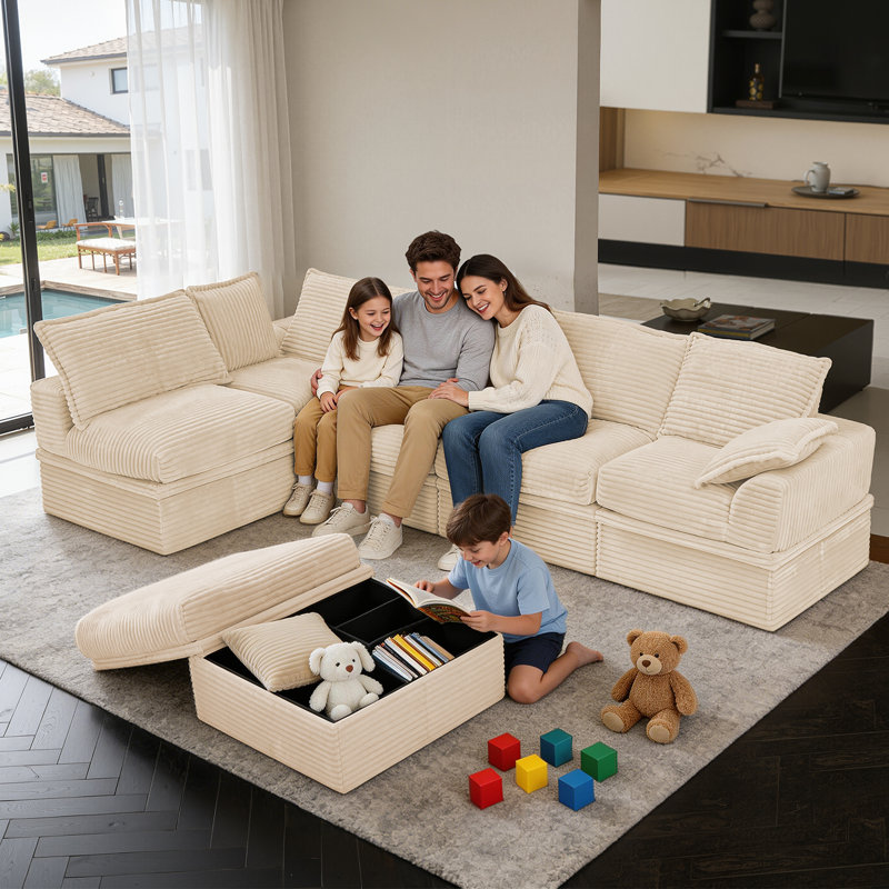 Canapé modulaire Comfy Cloud avec deux repose-pieds et rangement sous le siège, Velours côtelé beige