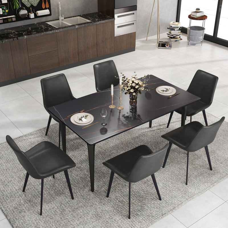 6 Seat Modern Stone Dining Table Set With Faux Leather Side Chairs, 7-piece Dining Set, Gray, Black