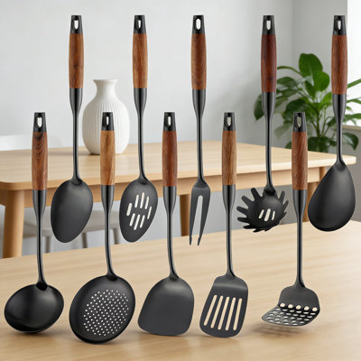 10-Piece Stainless Steel Kitchen Utensils Set With Wood Handle, 18/10 Metal Cooking Tools For Cooking, Grilling & Serving, Dishwasher Safe