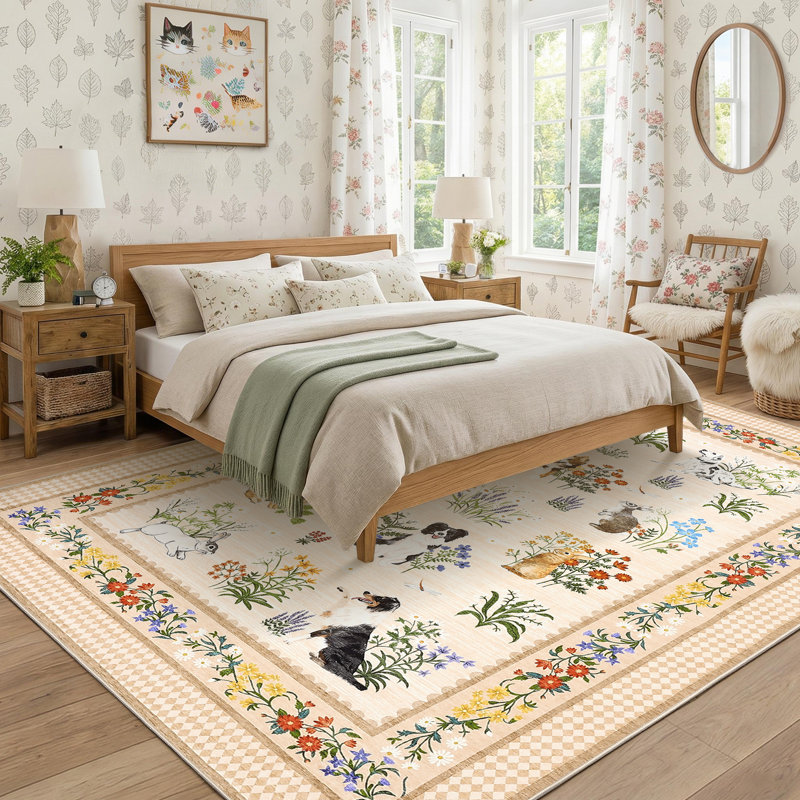 Area Rugs Floral Washable Rugs Soft Living Room Area Rugs Boho Bedroom Rug, Non Slip Thin Soft Botanical Floor Carpet for Dining Room Home Office Farmhouse,