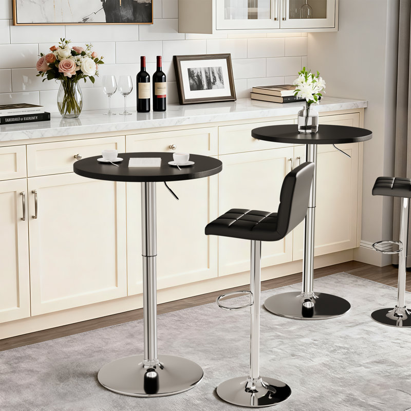 Table de bar ronde à hauteur réglable, table bistro bistro, table de salle à manger pivotante avec base chromée, Noir, 1