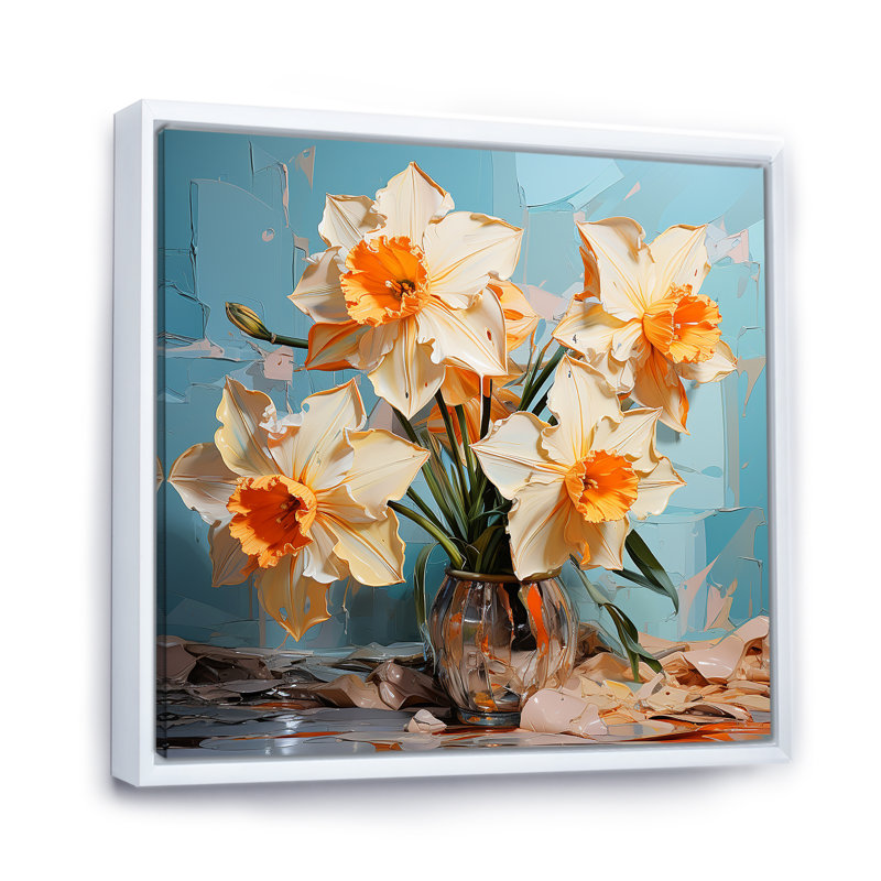Jonquilles fleuries avec un pinceau féroce, H 36 po x l 36 po x P 1,5 po, Cadre flottant blanc