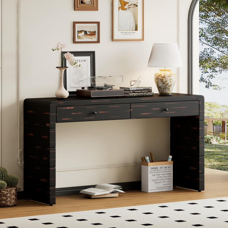 Curved Console Table With Storage, Wooden Entryway Table With 2 Drawers, Farmhouse Rustic Console Tables For Entryway, Hallway, Living Room