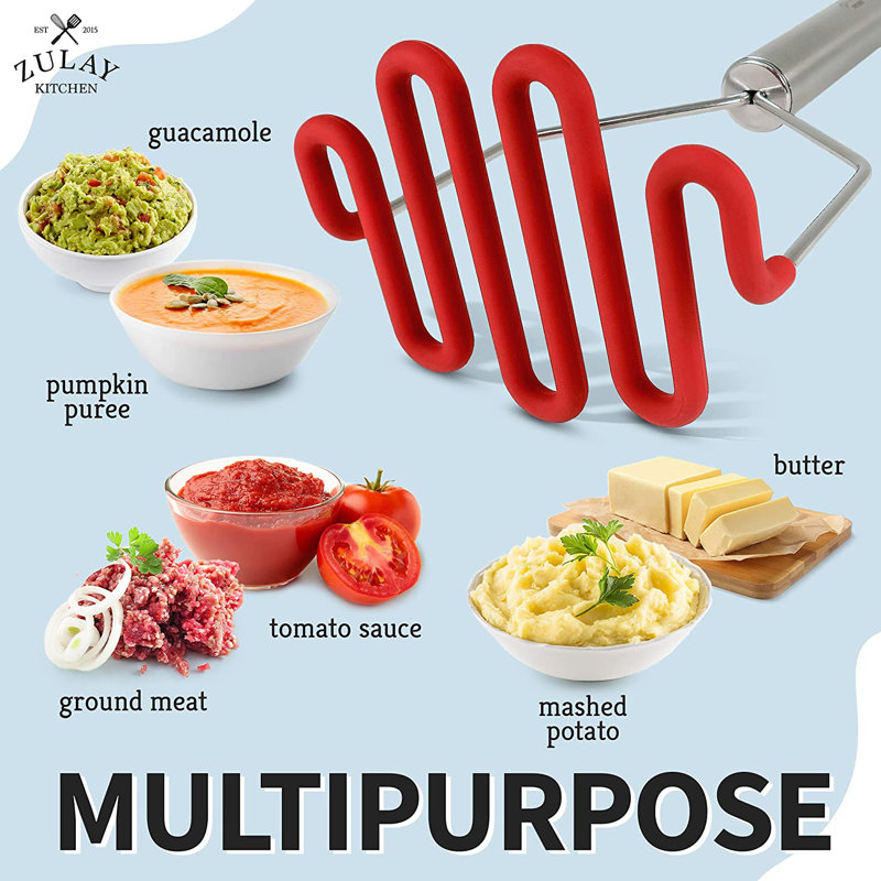 Bright Red Silicone Coated Stainless Steel Potato Masher