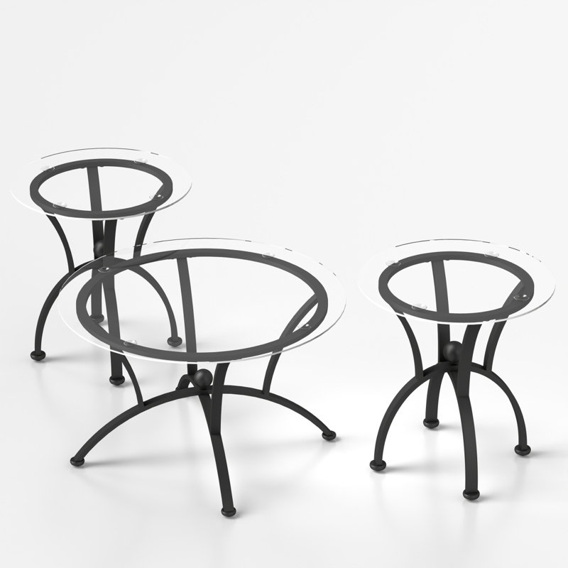 Ensemble de 3 tables basses en verre trempé à surface robuste avec finition noire rustique pour un décor de salon élégant