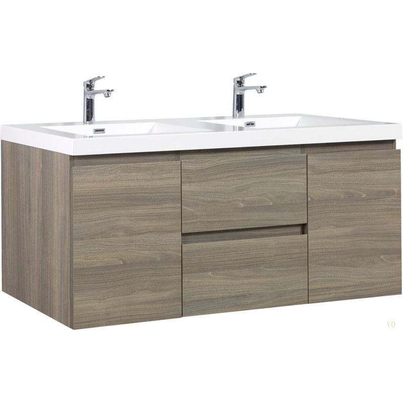 60" Floating Bathroom Vanity With Sink, Wall-Mounted Storage Cabinet With Solid Surface Top Basin, Two Sinks And Soft Close Drawers Fully Assembled
