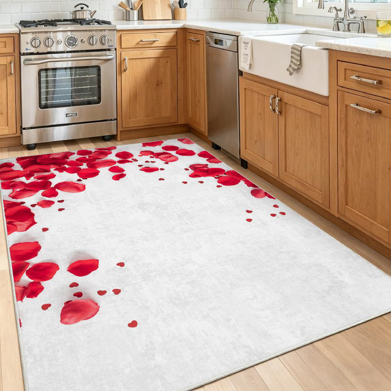 Red Valentine Day Flowers Round Rose Confetti White Valentines Flat Machine Washable Indoor Area Rug, Rectangle 55" x 79"