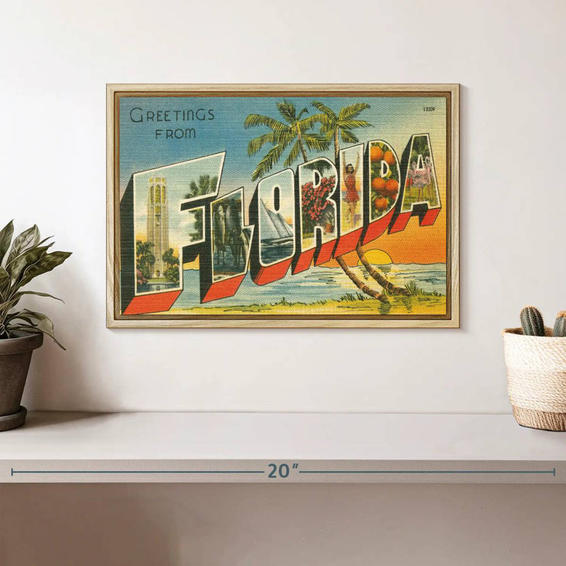 Greetings From Florida, Cadre flottant en bois naturel, 13 po x 9 po