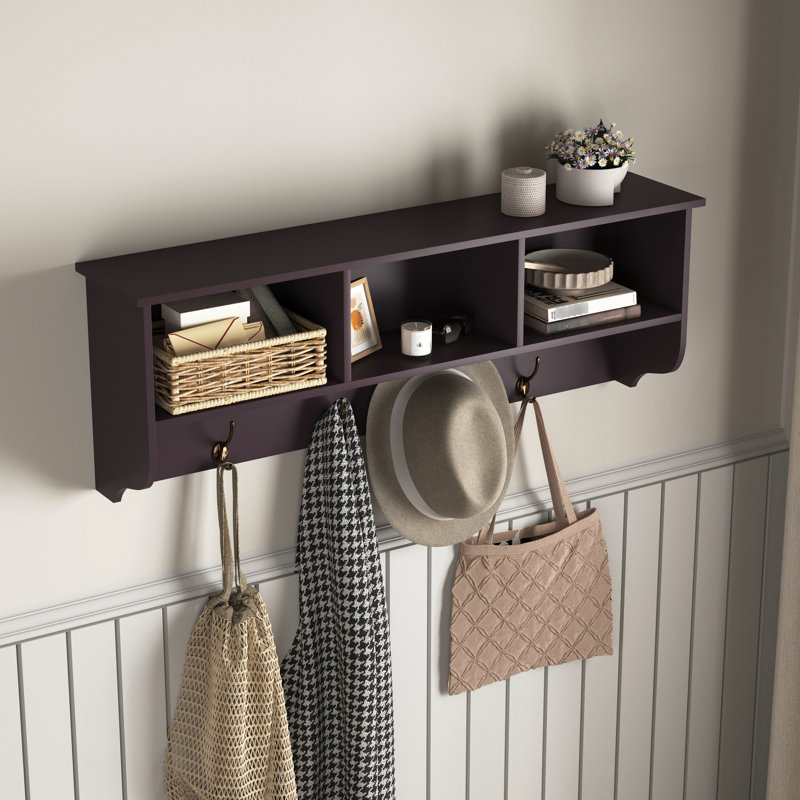 Wall Mounted Coat Rack With 4 Hooks And Room Storage Living Work Shelf, Espresso