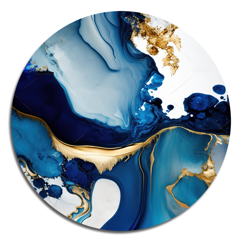 Géode abstraite marbre bleu I - Art abstrait rond en métal, H 23 po x l 23 po x P 1 po