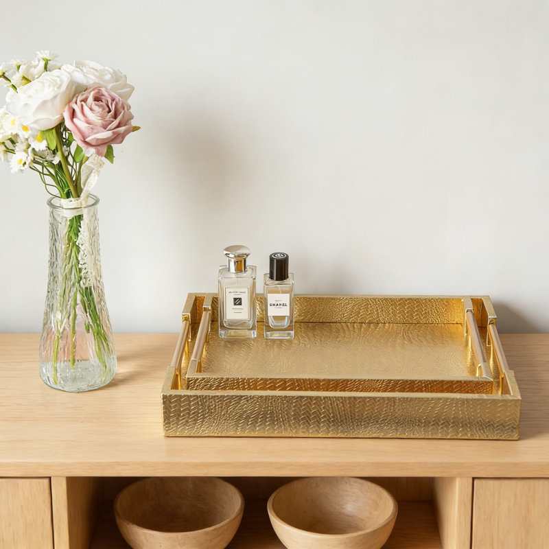Woven Leather Ottoman Tray Set With Gold Handles, Rectangular Serving Trays For Living Room And Coffee Table, Decorative Home Organization Set