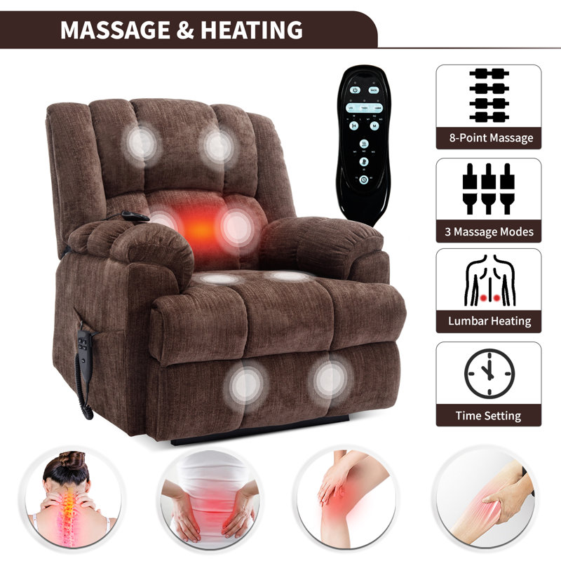 Dual Power Lift Recliner With Heat And Massage, Infinite Position, 180°reclining, Sidepocket, Brown