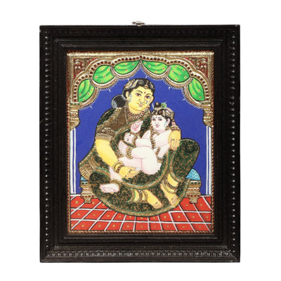 Peinture de Maiya Yashoda avec Bal Krishna Tanjore | Couleurs traditionnelles avec or 24 carats | Structure en bois de teck