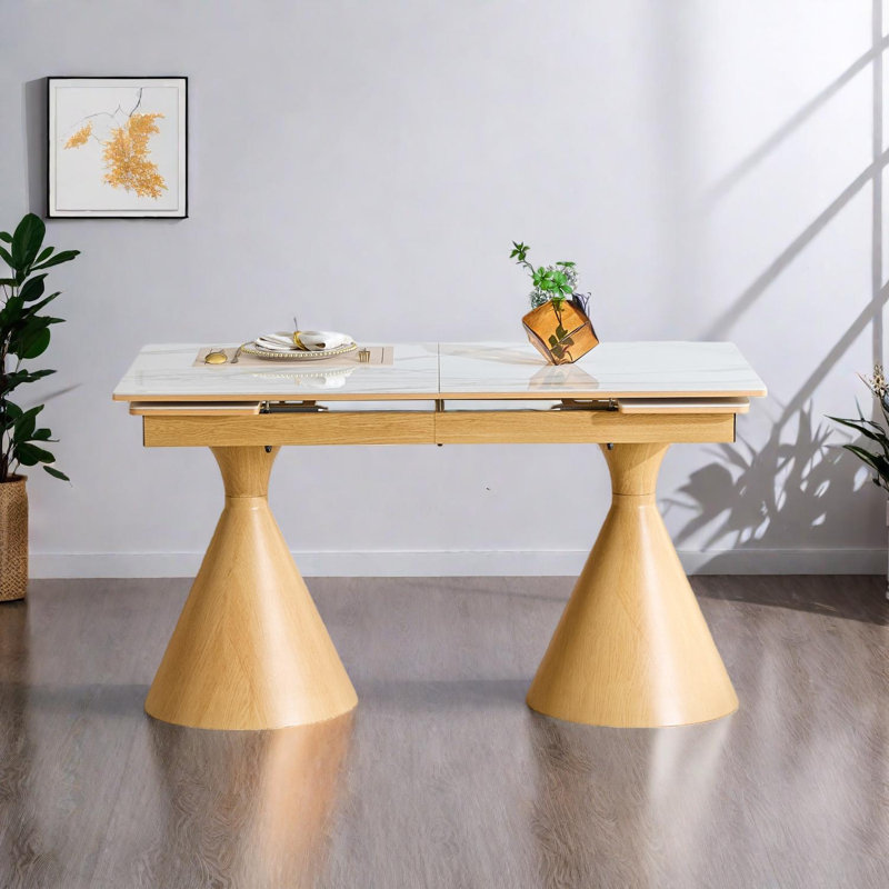 Table de salle à manger extensible à dessus en pierre avec surface à motif de marbre et base à double piédestal pour 4 à 8 personnes