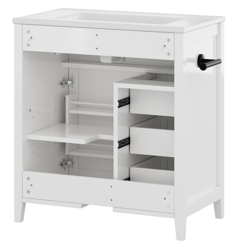Meuble-lavabo de style campagnard de 76 cm (30 po) avec lavabo en céramique, rangement inclinable, 3 tiroirs et armoire centrale, tablette réglable, porte-serviettes réversible, en pin massif.