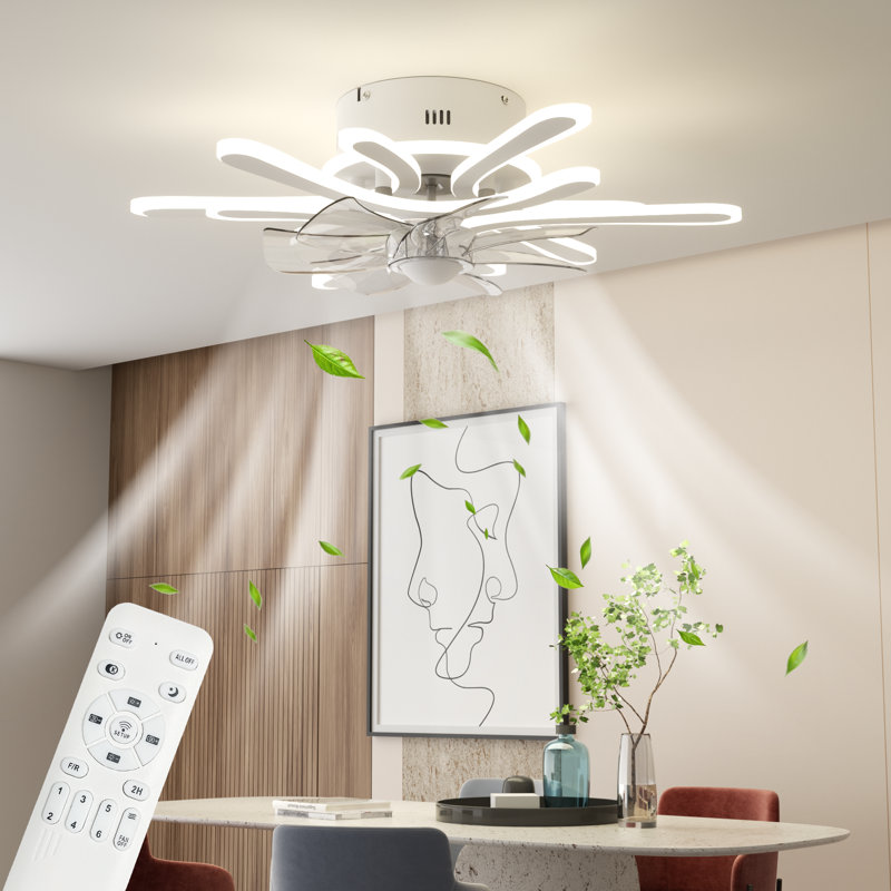 Ceiling Fans with Lights and Remote, 21'' Low Profile Ceiling Fan, 3000-6500K Dimmable Modern Flush Mount LED Fan Light, 6 Wind Speeds, White Fandelier Ceiling Fans for Bedroom