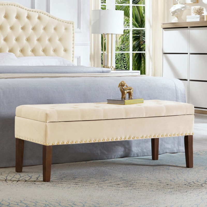 48" Tufted Velvet Storage Bench - Nailhead Accent, Solid Wood Frame & Safety Hinges For Bedroom/entryway, Cream