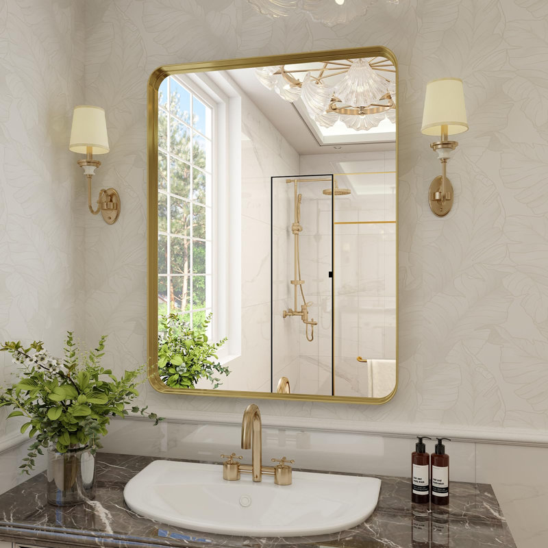 Wall Mount Mirror, Gold, 32.87" x 24.21"
