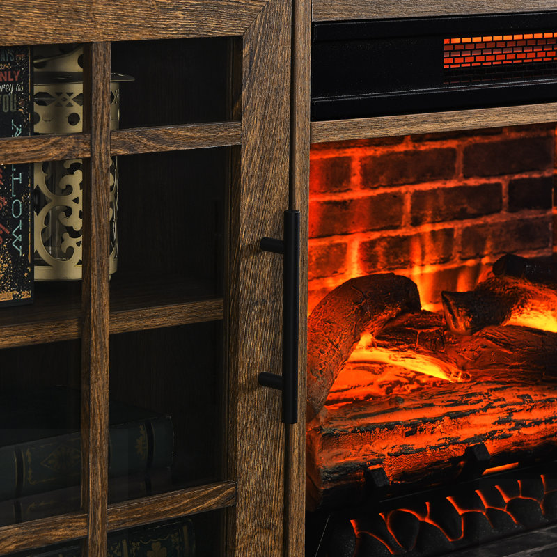 TV Media Stand With Electric Fireplace And Heater, For Cozy Entertainment Spaces, Reclaimed Barnwood
